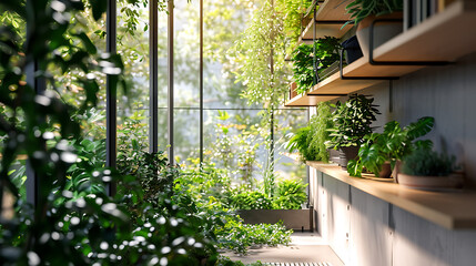 Fototapeta na wymiar Vegetação luxuriante irrompe de prateleiras minimalistas elegantes e elegantes vasos infundindo o espaço urbano contemporâneo com um toque natural e refrescante