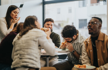Obraz premium Diverse business team enjoying a pizza lunch break, discussing and relaxing together in a successful workplace.