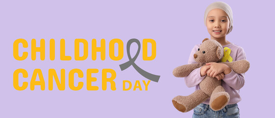 Little girl with awareness ribbon and toy bear on lilac background. Banner for International Childhood Cancer Day