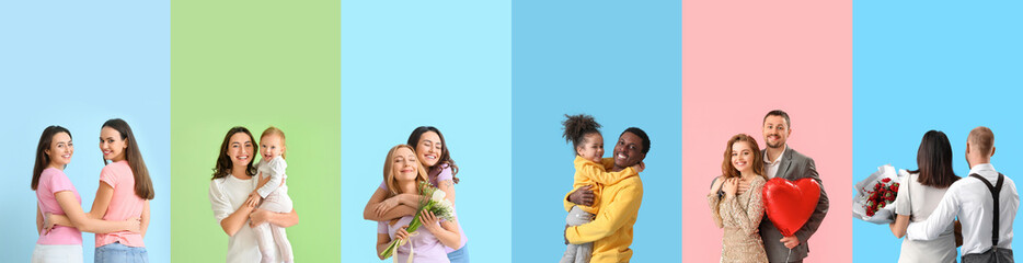 Group of hugging families on colorful background