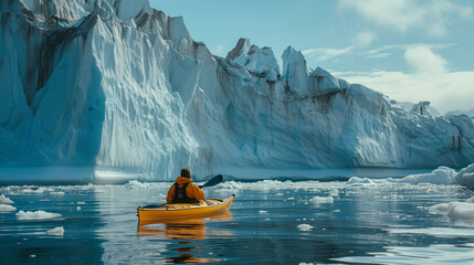 Kayak journey amidst ancient glaciers and icebergs in a polar landscape