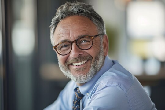 Smiling 45 years old banker, happy middle aged business man bank manager, mid adult professional businessman ceo executive in office, older mature entrepreneur wearing glasses, headshot portrait