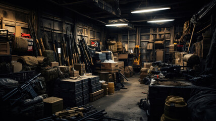 Weapon in warehouse, metal and wooden boxes of guns stored in dark military storage. Illegal smuggle arsenal of firearm. Concept of war, industry, violence, package and crime.