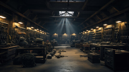 Weapon in army dark warehouse, metal and wooden boxes of guns stored in military storage. Illegal smuggle arsenal of firearm. Concept of war, industry, violence, package, background - obrazy, fototapety, plakaty