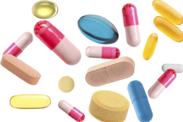 Many different flying pills on white background