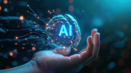 AI digital brain on human hand, shiny abstract artificial intelligence on dark blue background. Futuristic technology and future. Concept of data, tech, innovation, research - obrazy, fototapety, plakaty