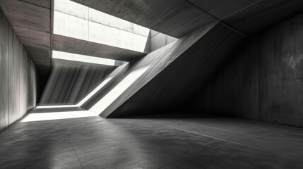 Concrete room background, abstract modern space with grey sloped walls and sunlight, empty minimalist dark hall interior. Concept of white stone architecture, warehouse, garage