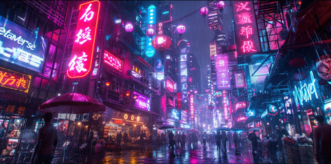 Cyberpunk neon city at night, dark street with tall buildings and people in rain. Futuristic skyscrapers with red and blue sign light. Concept of dystopia, future, industry, urban