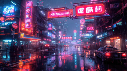 Cyberpunk neon city at night, dark street with tall buildings and cars in rain. Futuristic skyscrapers with red, purple and blue sign light. Concept of dystopia, future, urban metaverse - obrazy, fototapety, plakaty