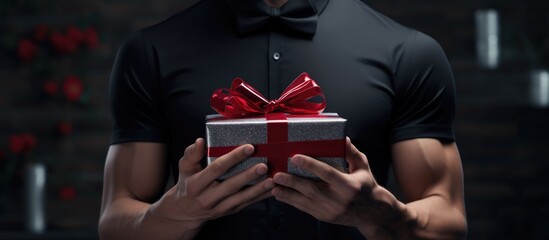A muscular man holds a gift for a birthday or international women's day gift for a woman on March 8 . Congratulations on your present .