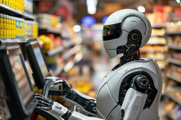 Cybernetic androids working in a supermarket - Artificial intelligence replacing humans concept - AI Generated