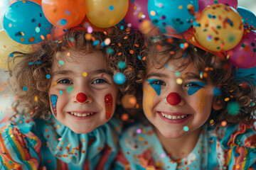 Fototapeta na wymiar Smiling children dressed as clowns for carnival