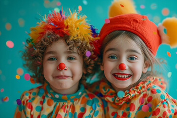 Smiling children dressed as clowns for carnival