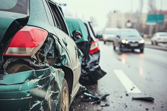 After the Impact: A Scene of Damaged Cars Following a Collision and Accident, Illustrating the Wreckage, Insurance Implications, and the Need for Automotive Repair and Recovery.