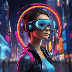 Step into the future with a woman adorned in futuristic goggles, seamlessly merging tech into everyday life. Vibrant colors and sleek designs evoke a futuristic, tech-savvy atmosphere