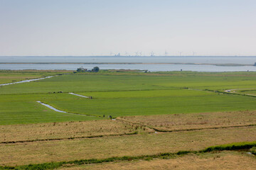 Typical Dutch polder in summer, Canal or ditch and green meadow, Overview from the top of Church...