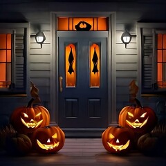 Halloween background with pumpkins in front of the house.