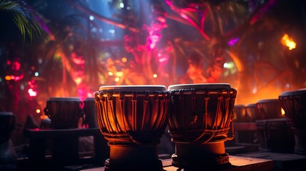 Conga drums on stage, lit by warm stage lights with a bokeh effect. Ideal for music-themed projects and performance promotions. Traditional percussion musical instrument of Afro-Cuban