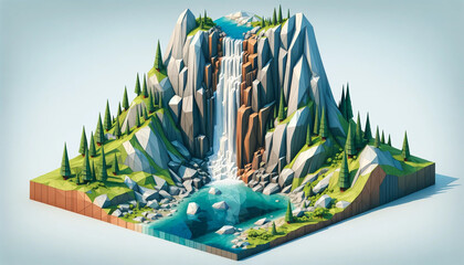 A low poly landscape featuring a waterfall, rendered in a stylized and geometric manner. 