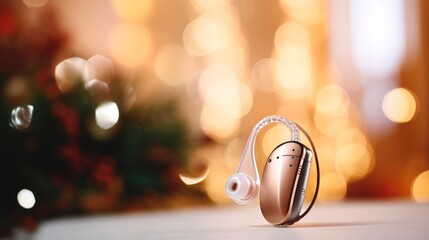 Hearing aid on blurred background and bokeh. Treatment of people with hearing loss. Banner with copy space. Medicine and science. Suitable for showcasing in medical and healthcare services
