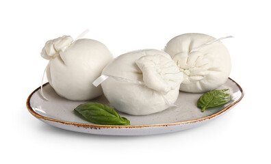 Plate of tasty Burrata cheese with basil on white background