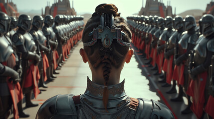 A futuristic female warrior, clad in advanced science fiction armor, stands before a group of armed masked troops