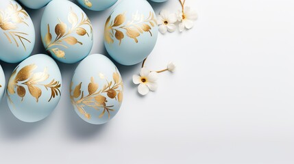Gold and Robin blue Easter egg decorations with spring flowers, Easter background concept