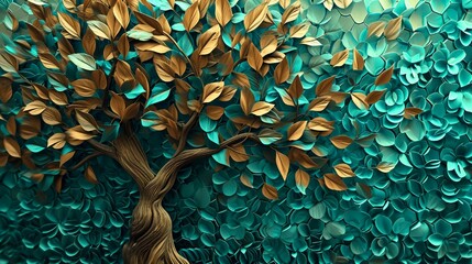 Abstract 3D tree mural with swirling turquoise, blue, and brown leaves, dynamic green hexagon backdrop.