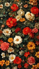 Mixed flowers blooming flowers in garden as dark mystycal mysterious dreamy moody backdrop background wallpaper vertical