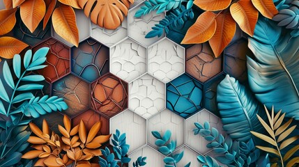 3D mural on wooden oak, white lattice tiles, vibrant turquoise, blue leaves, brown hues, colorful hexagon pattern, floral background.
