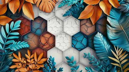 Papier Peint photo autocollant Crâne aquarelle 3D mural on wooden oak, white lattice tiles, vibrant turquoise, blue leaves, brown hues, colorful hexagon pattern, floral background.