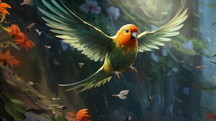 Graceful Lovebird Soaring Amidst Dreamy Sunset Sky with Dramatic Clouds - AI-Generative