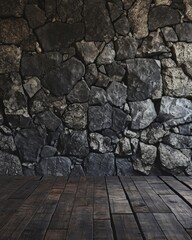 Wooden Floor With Stone Wall Background
