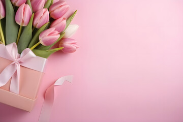 Mother's Day or valentine romantic concept. Top view photo giftbox with ribbon bouquet of tulips on pink background with copy space Ai generated