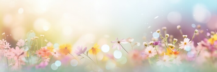 Obraz na płótnie Canvas Colorful spring banner panoramic pastel colors pink yellow wildflowers at field, sun rays background blurred bokeh. Pure air light spring template with space for text. Design graphic resource backdrop
