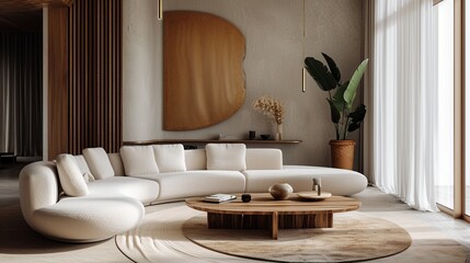 Stylish curved sofa and wooden coffee table near window dressed with beige curtains. Minimalist japandi home interior design of modern living room. photography
