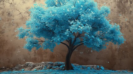 Artistic 3D mural, tree with vivid turquoise, blue leaves against a subtle brown canvas.