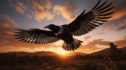 Fototapeta premium Graceful Magpie Soaring through the Sky with Majestic Wings Spread Wide - AI-Generative
