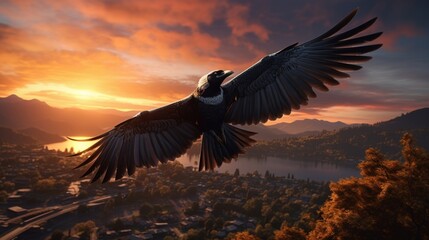 Obraz premium Graceful Magpie Soaring through the Sky with Majestic Wings Spread Wide - AI-Generative