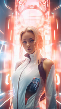 A modern woman in a trendy futurism style, surrounded by futuristic elements and holographic simulations. Generative AI