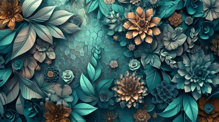 Papier Peint photo autocollant Crâne aquarelle Fantasy-themed 3D mural frame, kaleidoscopic leaves in turquoise, blue, brown, green hexagon, floral background.