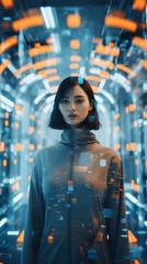 A modern woman in a trendy futurism style, surrounded by futuristic elements and holographic simulations. Generative AI