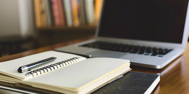 Blank notebook with pen, laptop and blurred books in the background