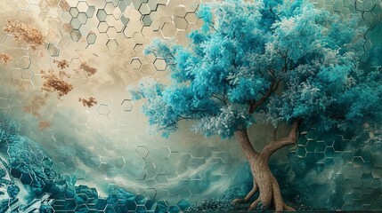 Lush tree mural in 3D, blending turquoise, blue leaves with a gentle brown landscape, green hexagon background.