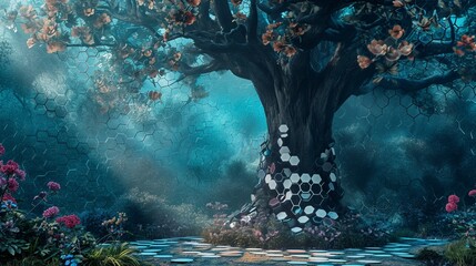 Enchanted forest 3D mural on wooden oak with white lattice tiles, tree in turquoise, blue, mystical brown, colorful hexagons, floral backdrop.