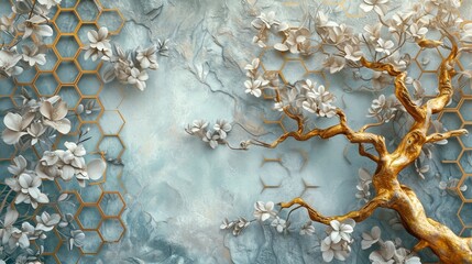 3D oak mural, lattice texture, tree in pastel shades, chamfered gold hexagons, floral background. - obrazy, fototapety, plakaty