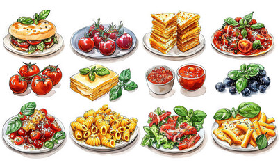 watercolor stickers of italian food white background