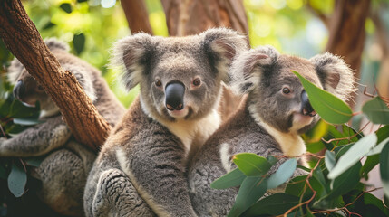 Group of koalas resting in eucalyptus trees, showcasing the laid-back and charming nature of these iconic Australian marsupials, animals, koalas, hd, with copy space