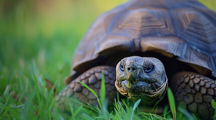 Naklejka premium Close-up of a wise tortoise moving slowly through a grassy field, embodying resilience and longevity in the animal kingdom, animals, tortoise, hd, with copy space