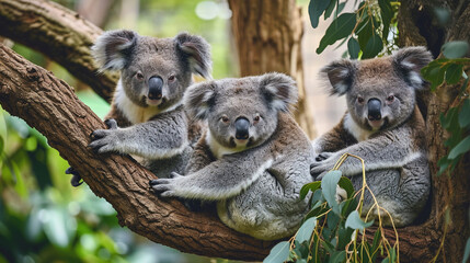 Fototapeta premium Group of koalas resting in eucalyptus trees, showcasing the laid-back and charming nature of these iconic Australian marsupials, animals, koalas, hd, with copy space